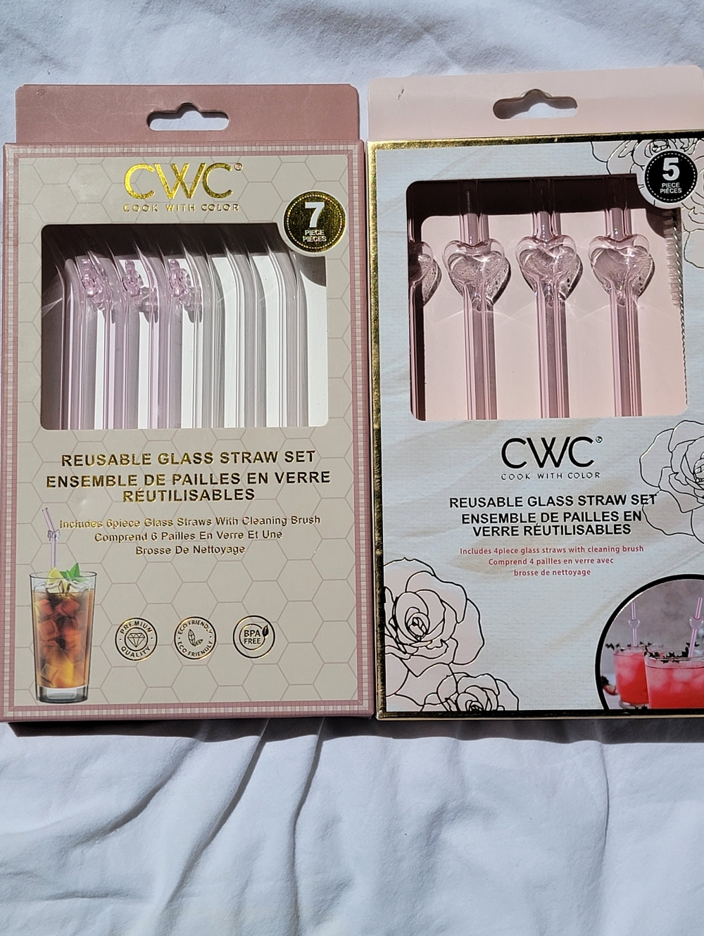 CWC Reusable Pink Glass Straws With Hearts & Bows - 2 Packs 12 Total Straws